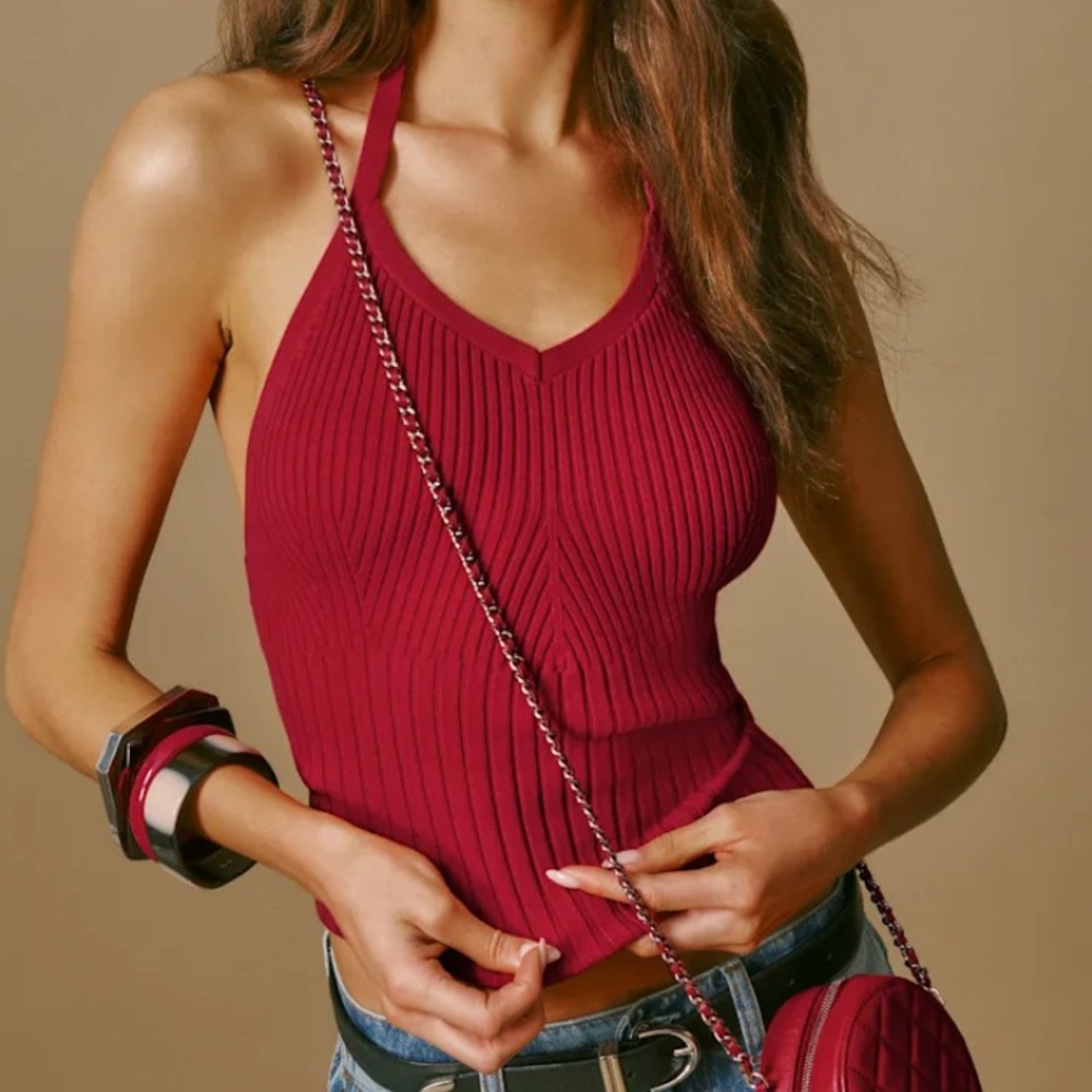 Reformation Delia Ribbed Halter Top in Lipstick M- Brand New With Tags